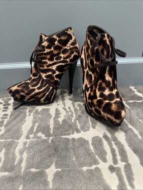 Lanvin Leopard Print Lace-Up High Heel Ankle Boots - Brown